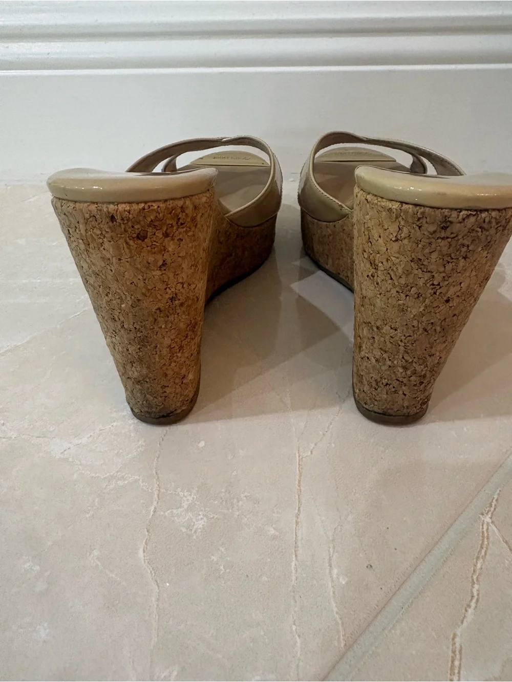 Jimmy Choo Perfume Nude Patent Leather Cork Platform Wedge Sandals
